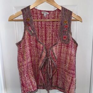 Vintage J peterman Sleeveless Silk Wool Vest S Floral Embroidery Boho Tie Close
